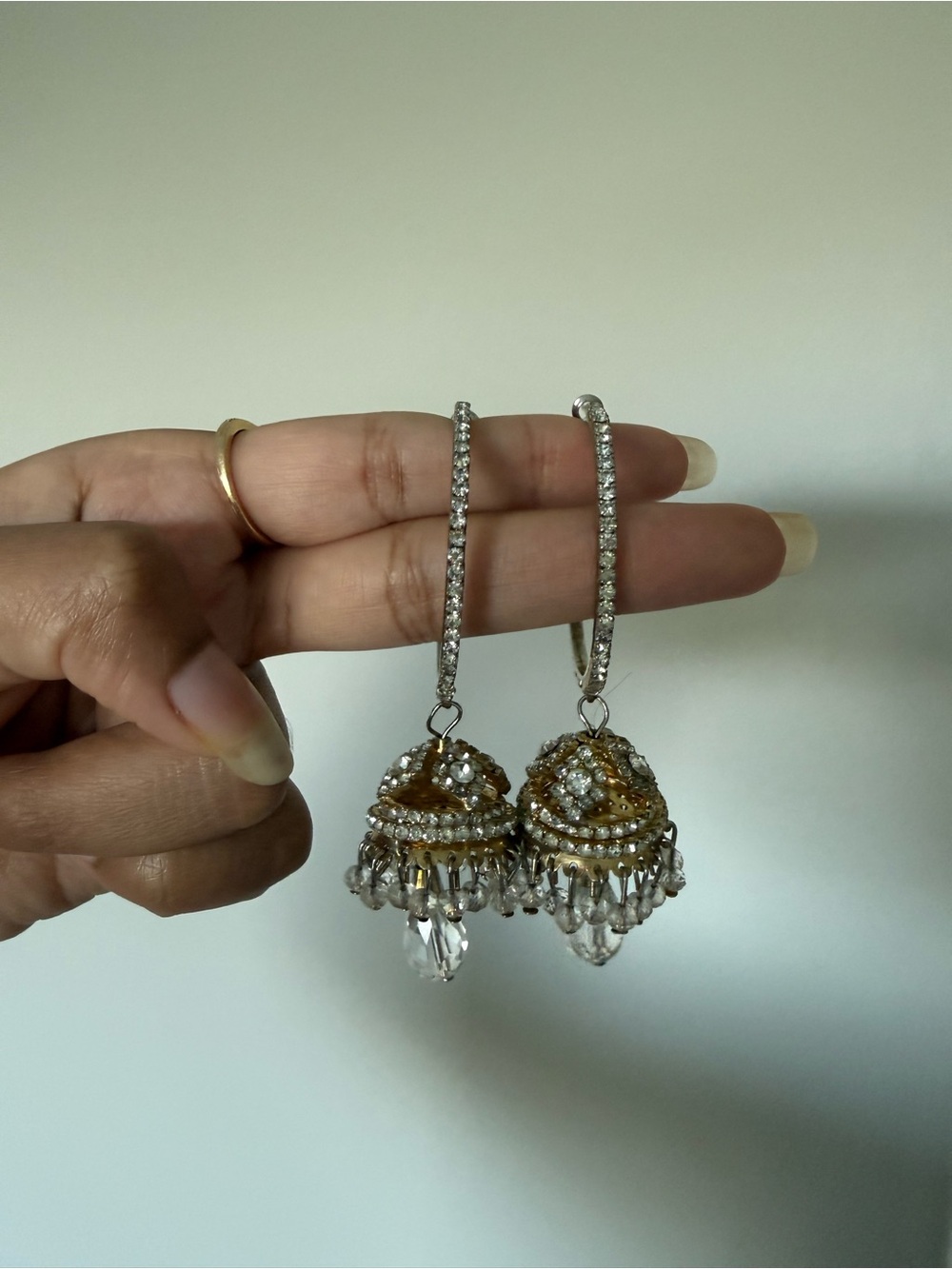 Gold and Silver Jhumka Hoop Earrings with Crystal Dangles
